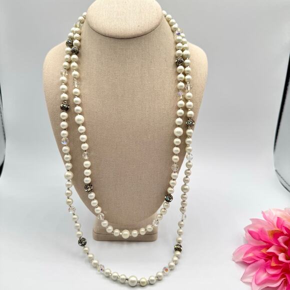 Vintage Judy Lee Long Faux Pearl AB Filigree Bead Single Strand Necklace Flapper - Picture 4 of 16